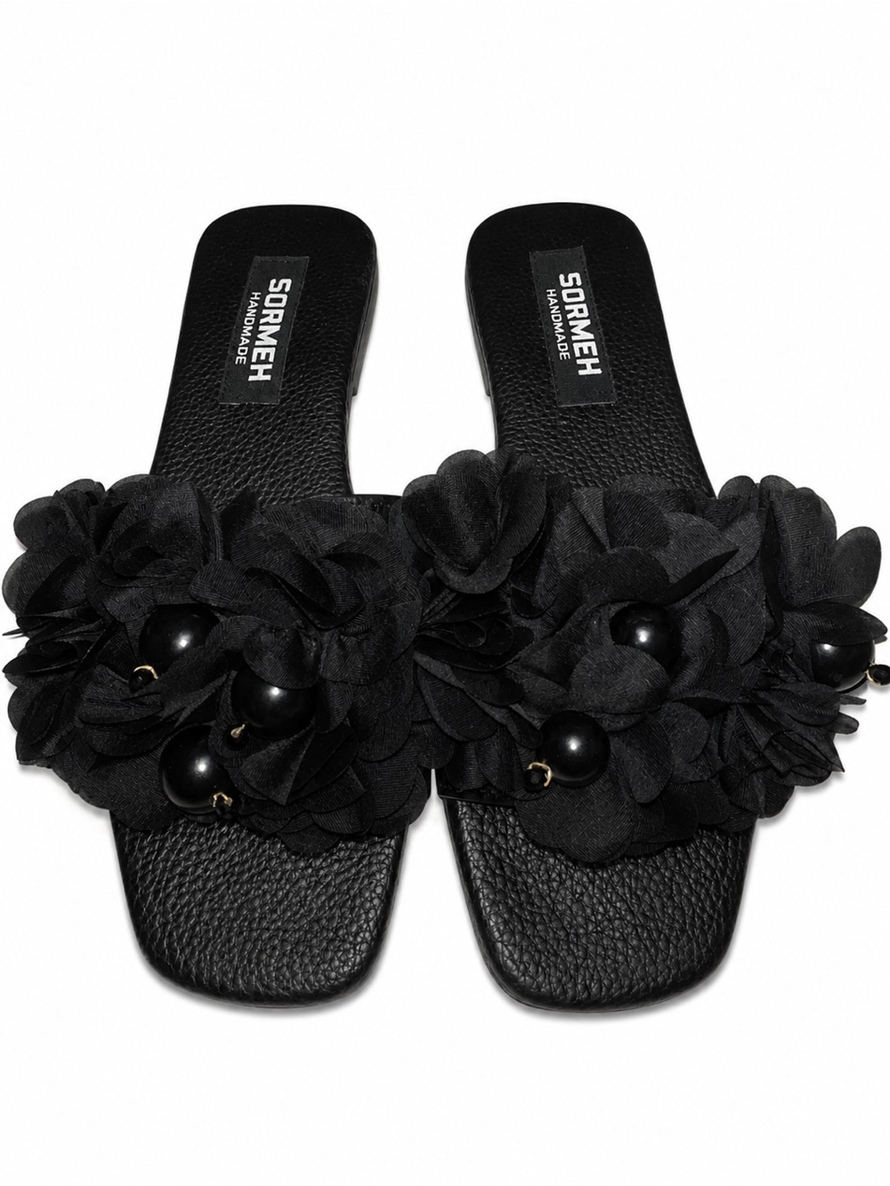 Women’s Black Floral Appliqué Slide Sandals with 3D Chiffon Flowers